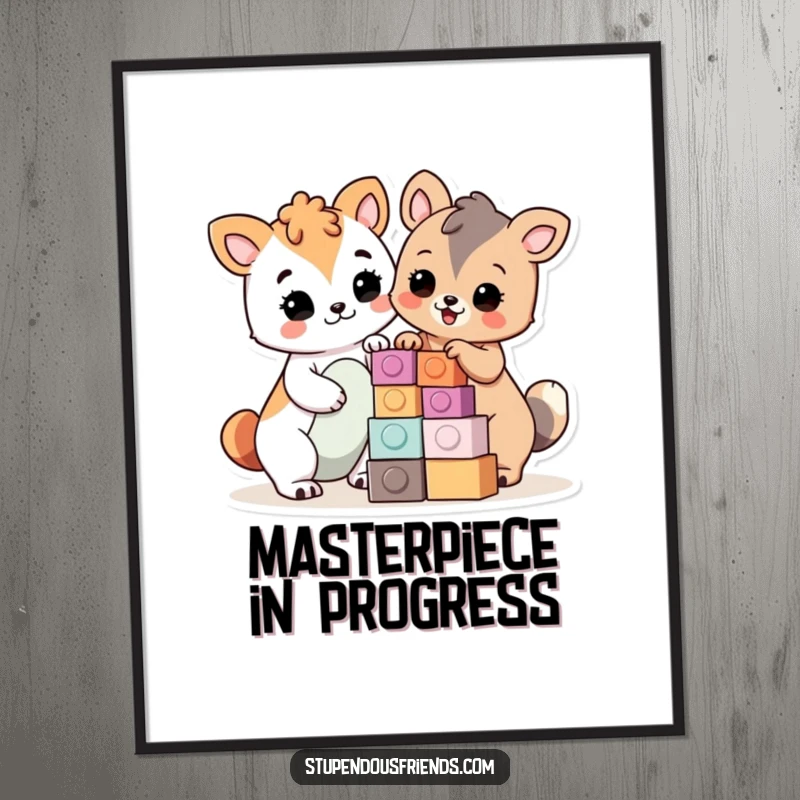 Funny Digital Art Print: Animals proudly building with blocks, symbolizing teamwork and success, a downloadable funny gift.