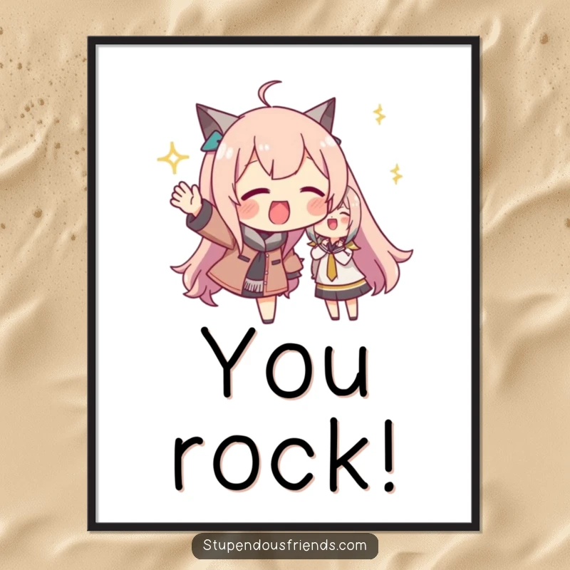 Funny digital art print of a character performing dynamic cheers and gestures, capturing the essence of enthusiastic encouragement and friendship.