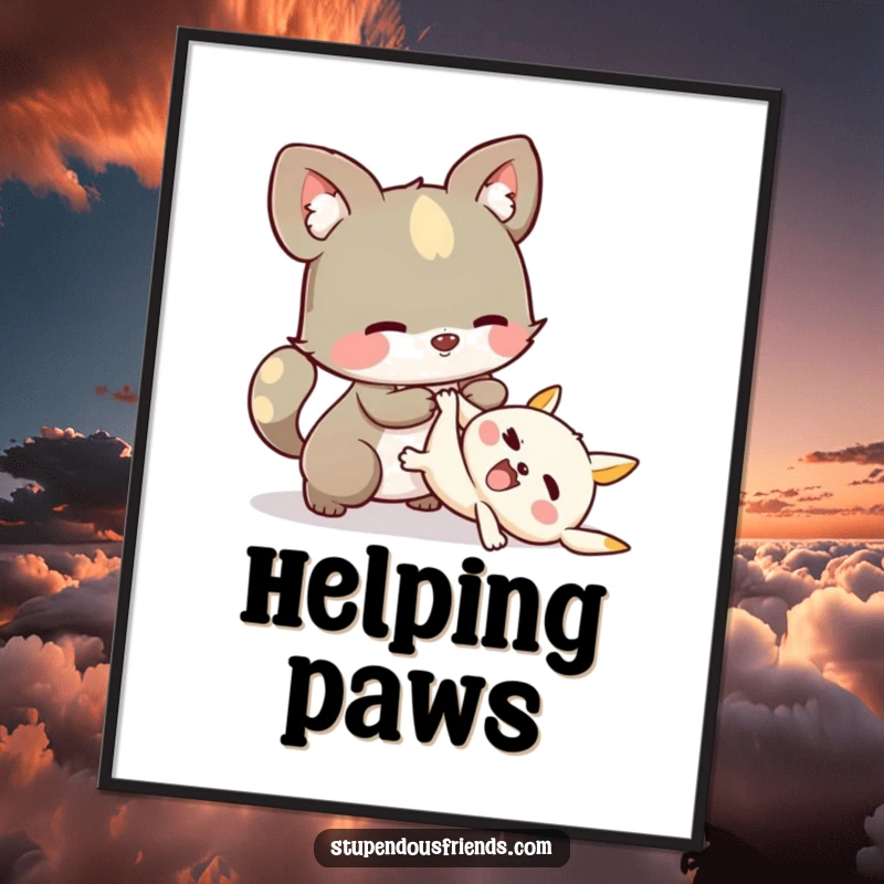 Funny Digital Art: A whimsical animal character gently helping another character to their feet after a playful tumble.