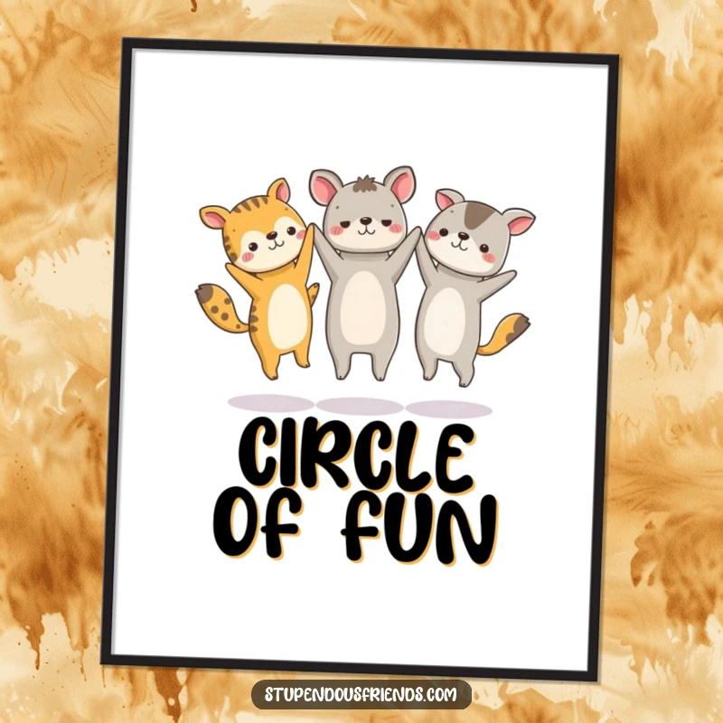 Funny digital art print of a group of ecstatic animal characters holding hands and jumping joyfully in a circle.