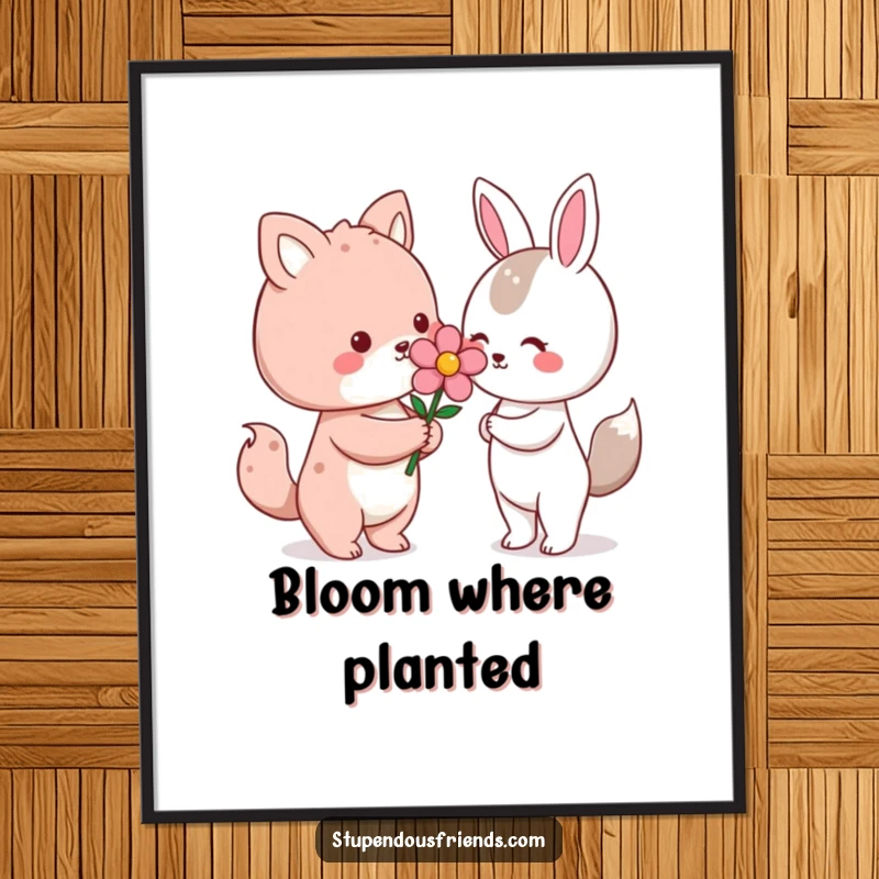Funny Kawaii animal character giving a bright flower on a digital art print, a humorous and touching piece for instant wall decor gifting.