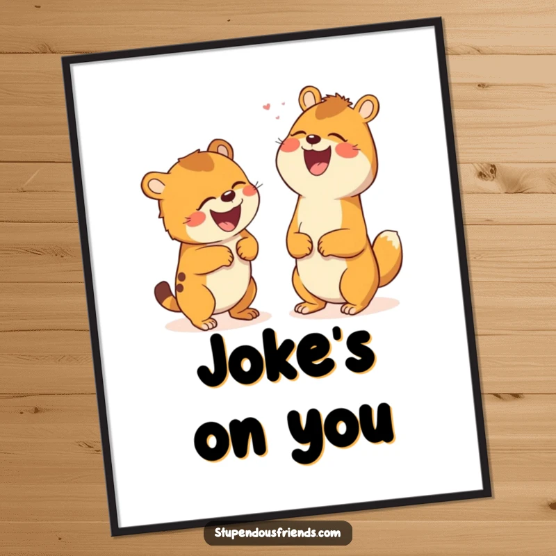 Funny digital art print of two animals laughing uncontrollably, perfect for heartwarming and humorous home decor.