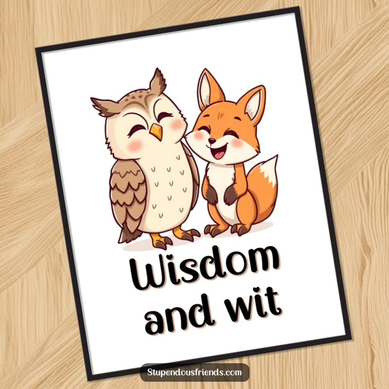 Funny digital art print of a chortling owl and a giggling fox, creating a humorous and charming piece for any room.