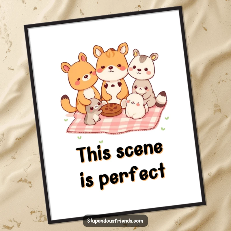 Funny digital art print of animals enjoying a picnic together, radiating warmth and friendship. A printable funny gift.