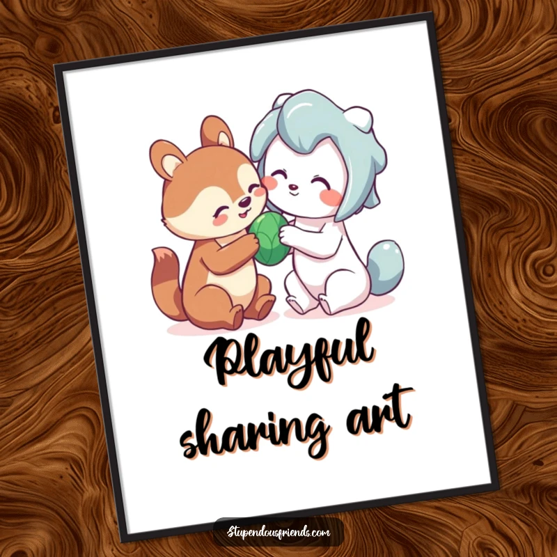 Funny sharing animal digital art print featuring a cute creature playfully sharing a toy, symbolizing instant kindness.