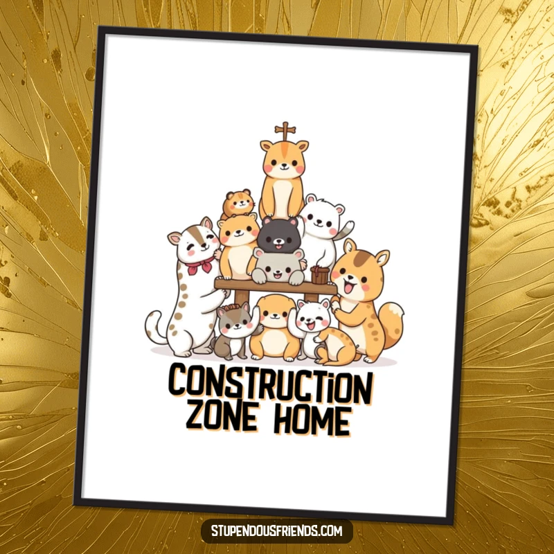 Funny Animal Digital Art Print of characters joyfully building a structure, symbolizing teamwork and shared effort in a humorous and artistic style.