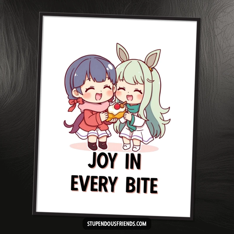 Funny Digital Art Print: A character shares a yummy treat with a happy friend. This funny artwork radiates kindness and joy.