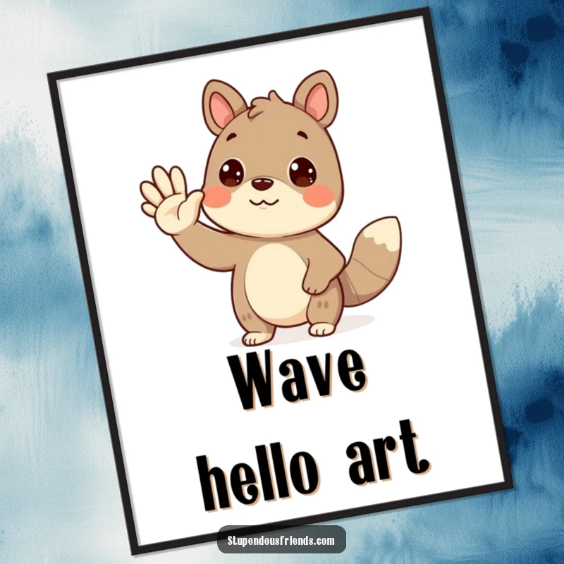 Funny waving animal digital art print featuring a cute creature extending a warm, friendly wave for instant decor.