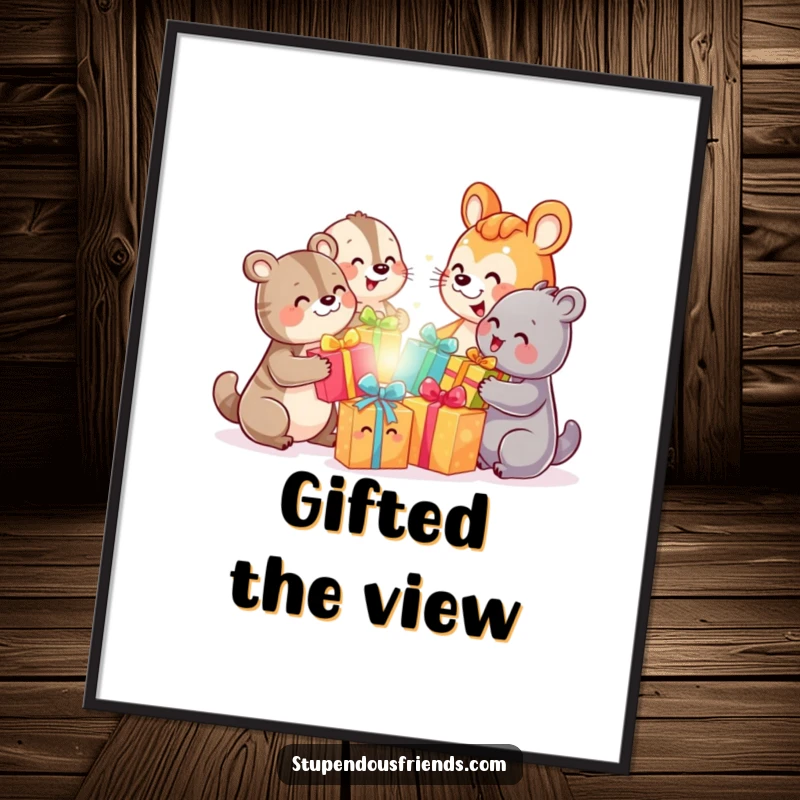 Funny, high-resolution digital art print of happy animal characters joyfully exchanging colorful gifts with wide, infectious smiles.