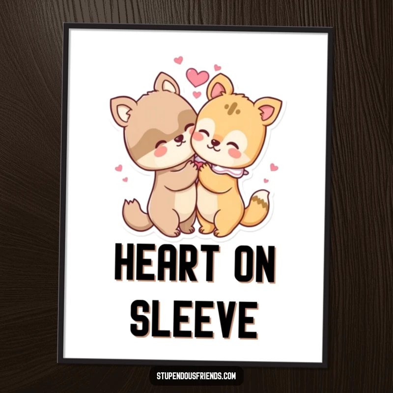 Funny digital art print of two animal characters in a tender hug, with hearts radiating outward, symbolizing friendship and love.