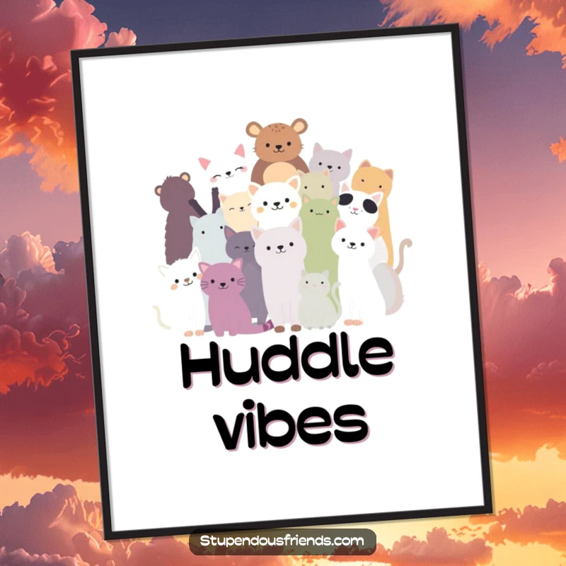 Funny printable art of a diverse group of animal silhouettes in a cheerful, close-knit huddle, symbolizing unity.