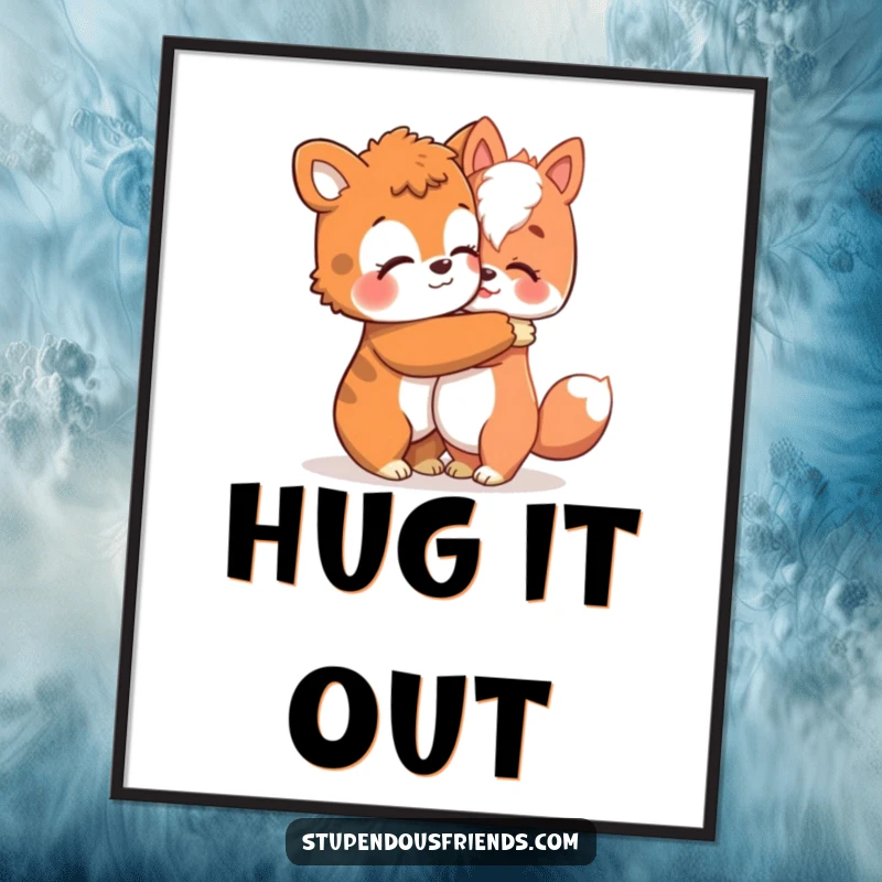 Funny digital art print of an animal character giving a warm, comforting hug, symbolizing friendship and emotional support.
