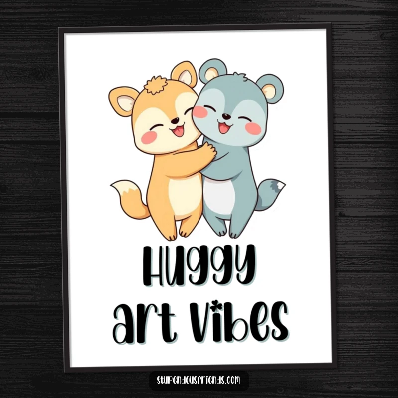 Funny hugging animals digital art print featuring two ecstatic creatures in a heartwarming hug, radiating joy.