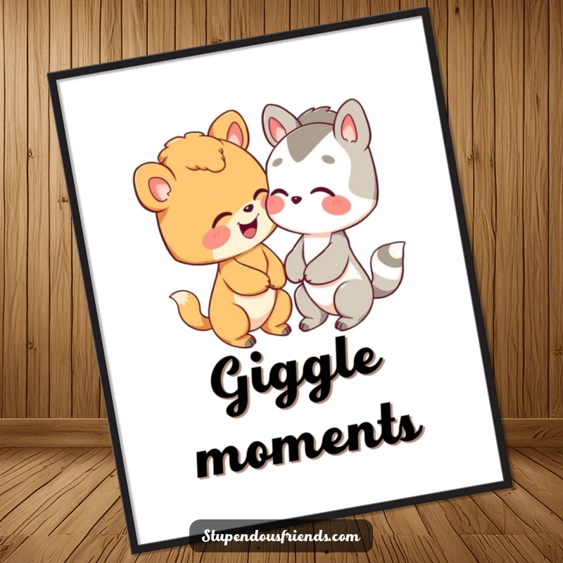 Funny printable art featuring two sweet animal characters caught in a delightful moment of shared giggling.