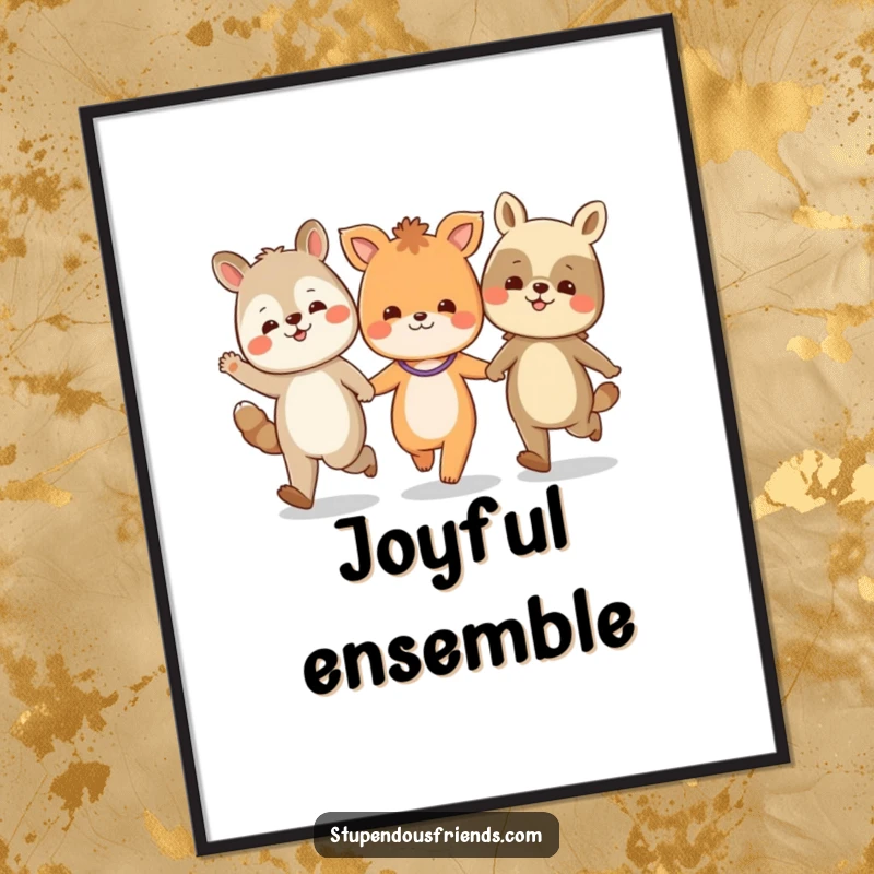 Funny digital art print of multiple animal characters skipping hand-in-hand, radiating pure, unadulterated joy and friendship.