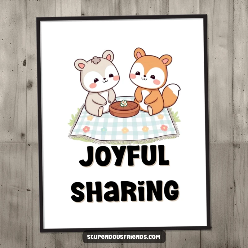 Funny digital art print of two smiling animal characters sharing a picnic blanket with food, radiating happiness.