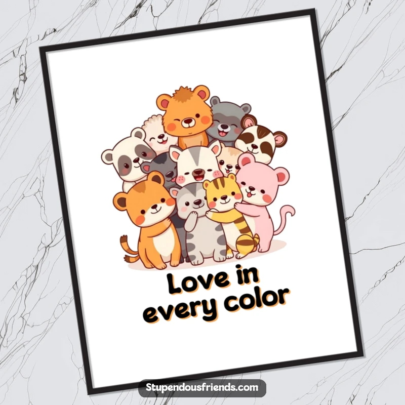 Funny Digital Art Print: Diverse animal friends in a massive, joyful hug. This heartwarming and funny artwork is perfect for instant decor.