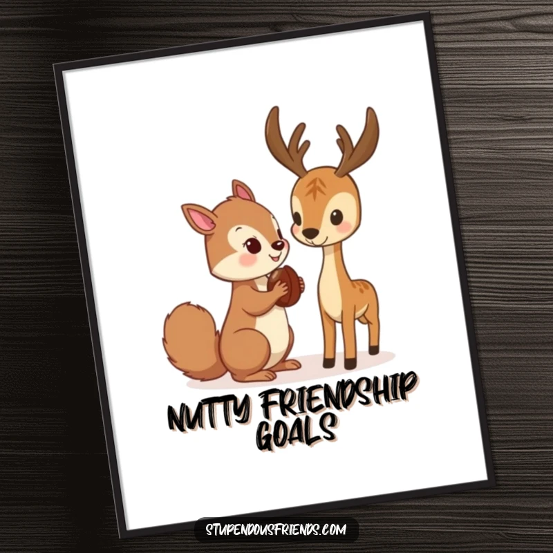 Funny Digital Art Print of a squirrel sharing a nut with a deer, capturing a sweet and humorous woodland moment.