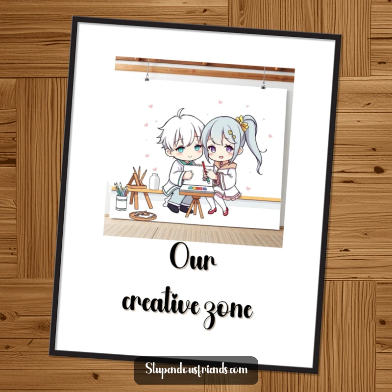 Funny digital art print of two characters enthusiastically painting a large canvas, capturing a moment of shared, humorous artistic expression.