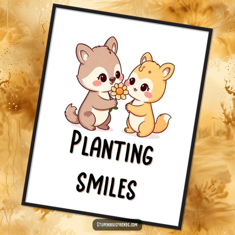 Funny Digital Art Print: An animal character offers a flower with a warm smile, printable wall art of pure kindness.