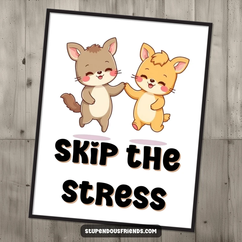 Funny, high-resolution digital art print of two animal characters joyfully skipping together, holding paws in a vibrant, happy scene.