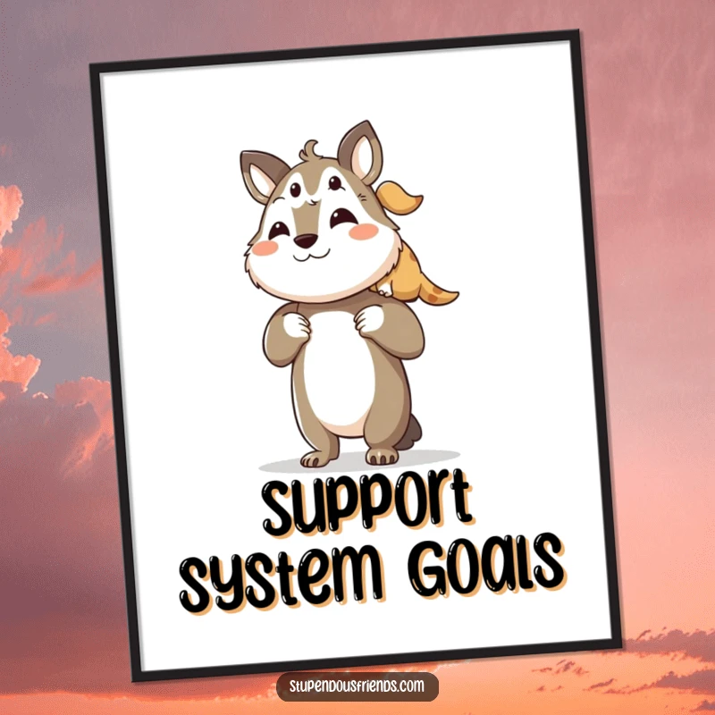 Funny digital art print of a proud animal character lifting its friend onto its shoulders, symbolizing supportive friendship.