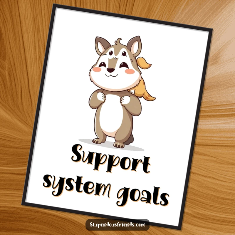 Funny digital art print of a proud animal character lifting its friend onto its shoulders, symbolizing supportive friendship.
