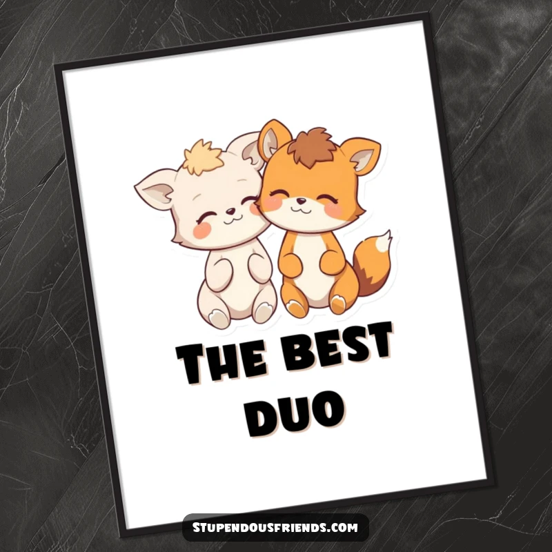 Funny digital art print of two whimsical animal characters sharing a private joke and giggling with delight.