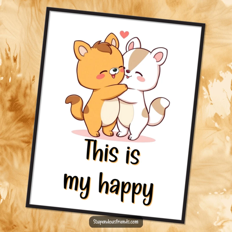 Funny digital art print showing two animals in a tender hug, symbolizing love and friendship. A heartwarming printable funny gift.