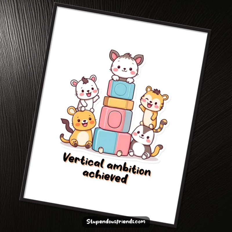 Funny digital art print of smiling animals collaborating to build a vibrant tower of colorful blocks, perfect for instant wall decor.