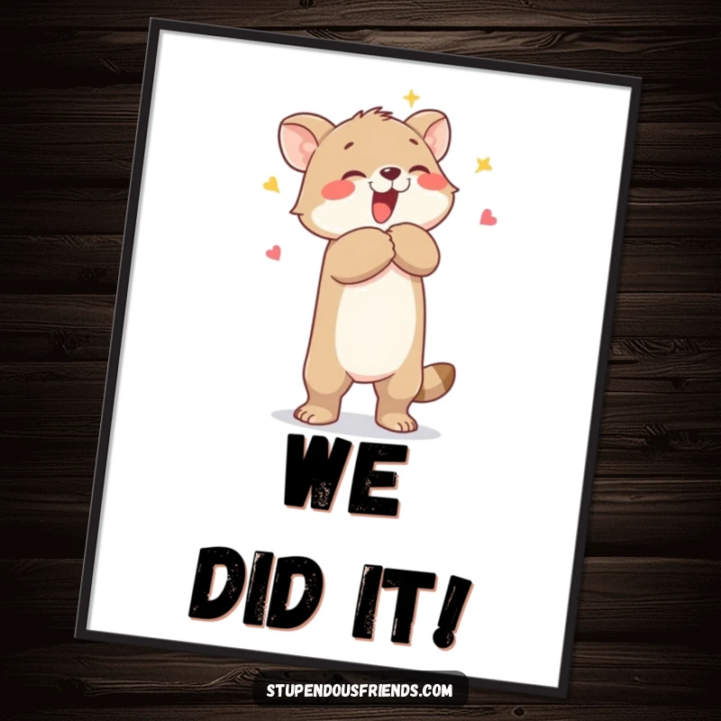 Funny digital art print of an animal character joyfully lifting another in a celebratory hug, ready to be printed and displayed.