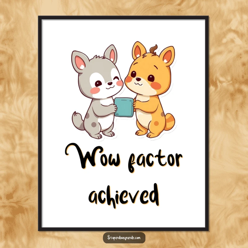 Funny digital art print of two animal characters looking with delight at a wondrous, shared discovery, symbolizing amazement.