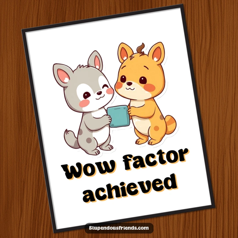Funny digital art print of two animal characters looking with delight at a wondrous, shared discovery, symbolizing amazement.
