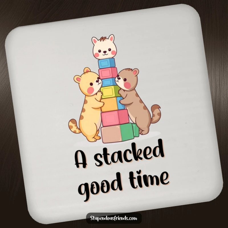 Funny Coasters: Two animals building a tower of colorful blocks. These funny coasters add playful charm and protection.