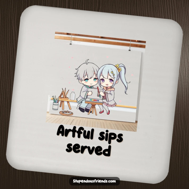 Funny drink coaster illustrating two characters collaborating on a large canvas, adding a touch of humorous artistry to any table setting.