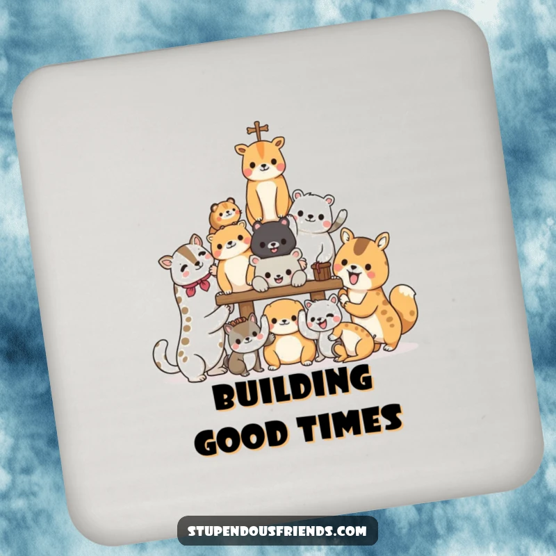 Funny Animal Coasters featuring characters joyfully building a structure, promoting teamwork and shared effort with a humorous and decorative touch.