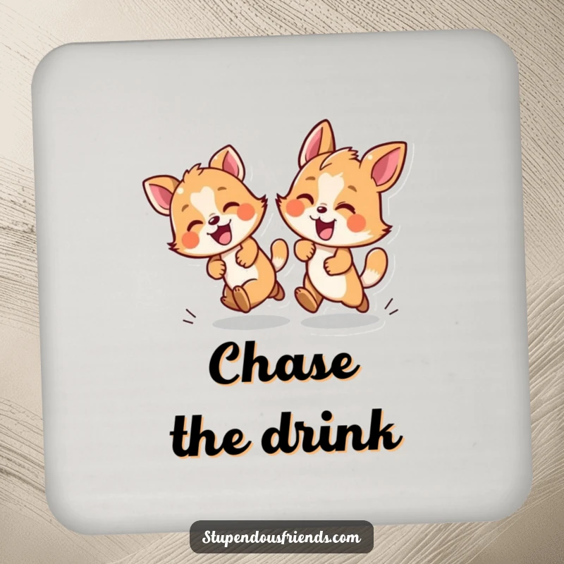 Funny drink coasters with two animals in a playful chase, protecting surfaces with energy and fun.