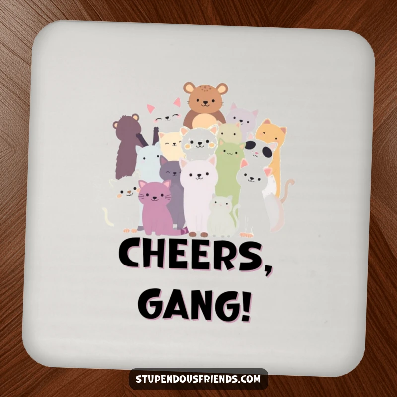 Funny drink coasters with diverse animal silhouettes forming a happy huddle, protecting surfaces with a message of unity.