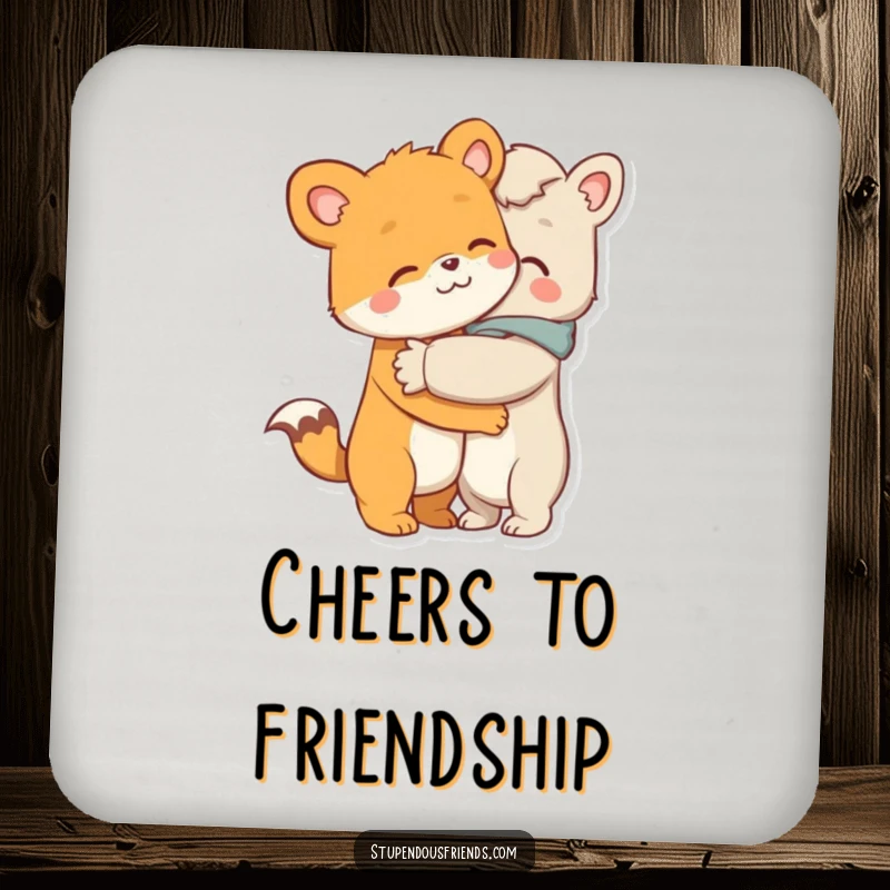 Funny drink coaster, two adorable animal characters in a tight, comforting hug, symbolizing friendship and spreading warmth.
