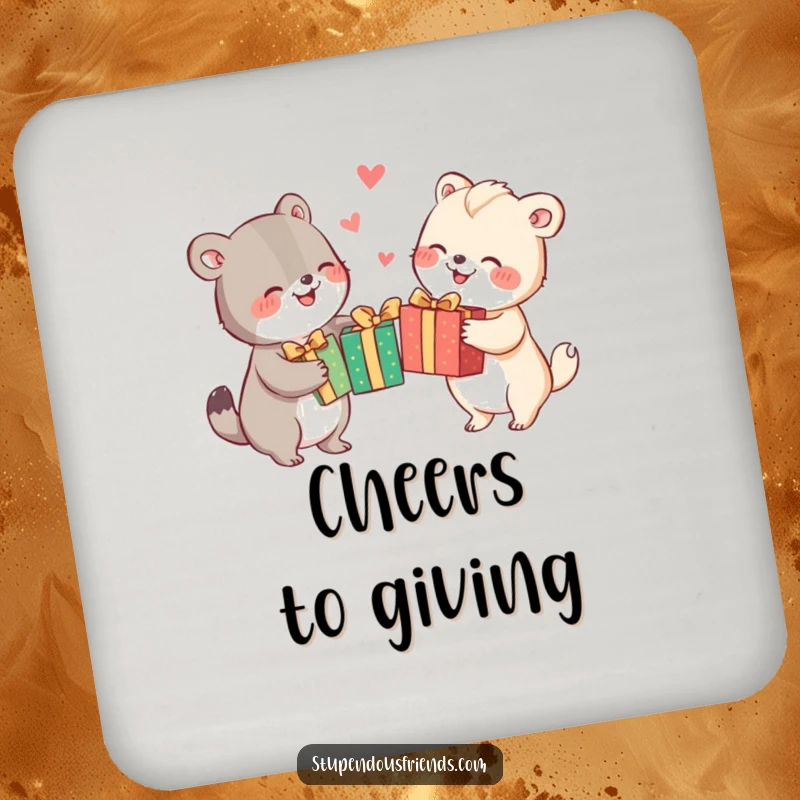 Funny animal characters joyfully exchanging brightly wrapped gifts, ideal for a functional and festive drink coaster.
