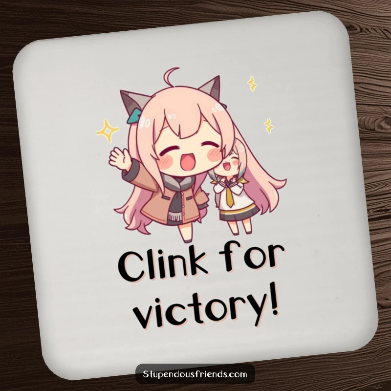 Funny drink coaster illustrating a character enthusiastically cheering and gesturing, adding a splash of humor and support to any table.