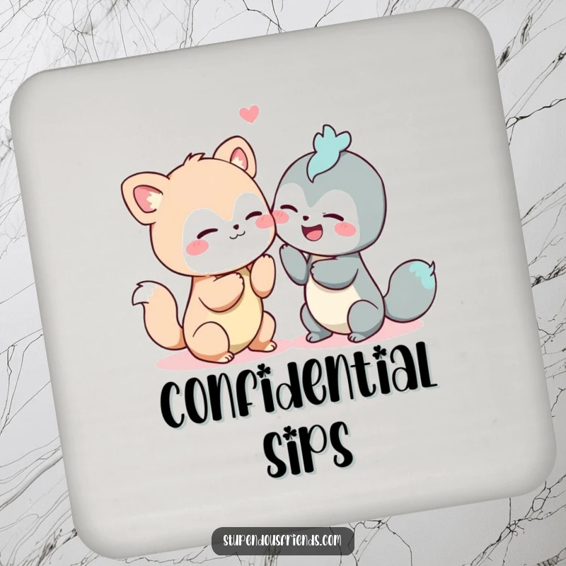Funny drink coasters featuring two animals whispering secrets and giggling, adding humor to any surface.