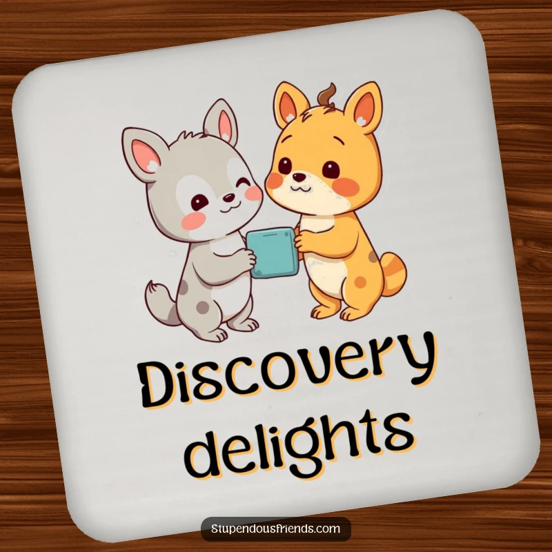 Funny drink coasters showing two animal characters looking with delight at a wondrous discovery, adding humor and curiosity.