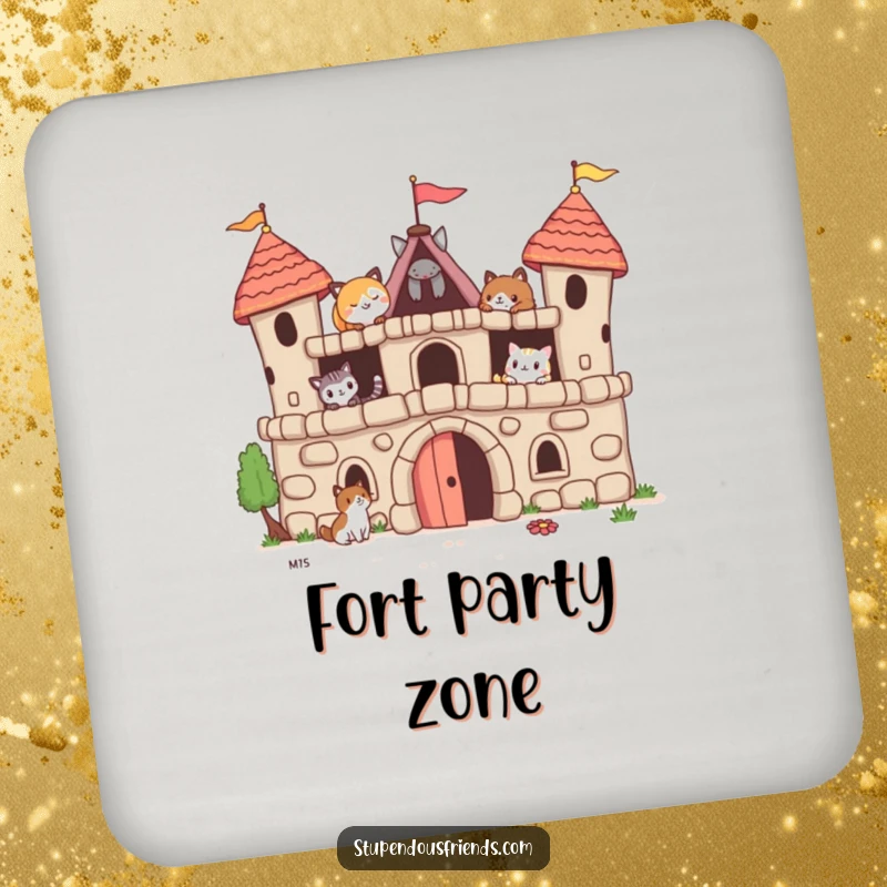 Funny drink coaster depicting animal friends building a fort, providing surface protection with a humorous and heartwarming design.