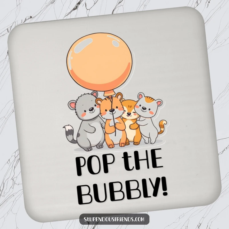 Funny Drink Coaster featuring animal characters sharing a large, colorful balloon, their beaming faces perfect for adding joyful humor.