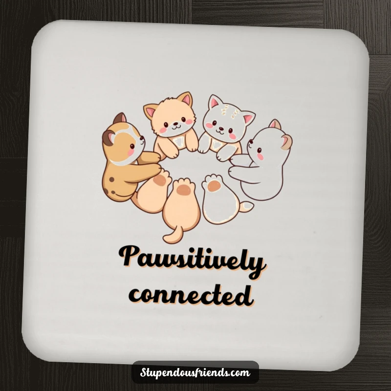 Funny drink coaster showcasing a group of animal characters holding paws in a circle, perfect for adding a touch of unity to any surface.