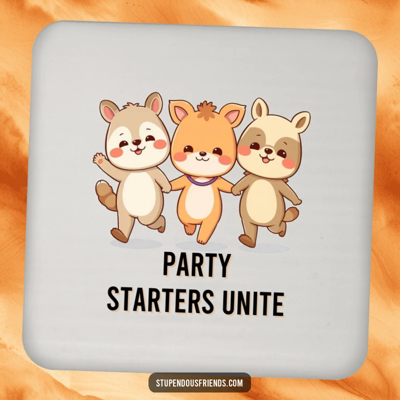 Funny drink coasters displaying a whimsical illustration of animal characters skipping together in a joyful, celebratory line.