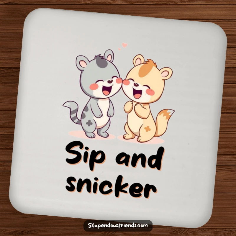 Funny drink coaster featuring two cute animal characters sharing a warm, infectious giggle.