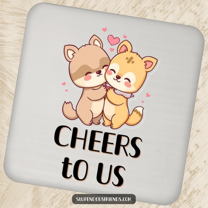 Funny drink coaster showcasing two animals in a loving embrace, with hearts radiating outwards, adding warmth to any table.