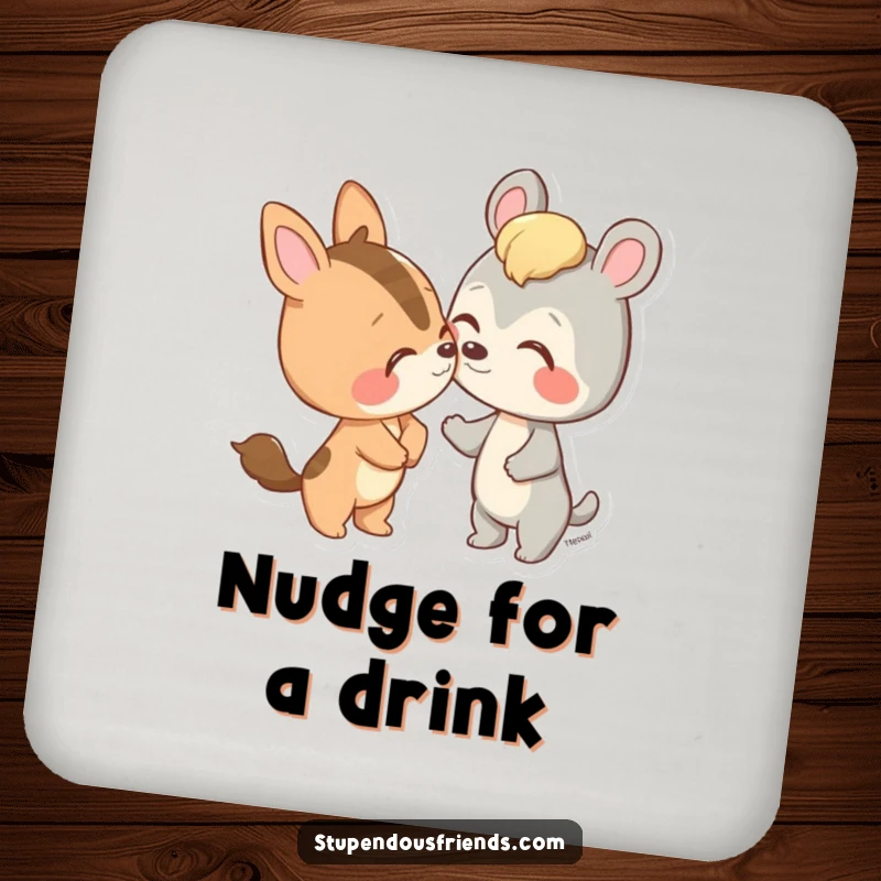 Funny coasters featuring an animal character playfully nudging a friend with its nose, protecting tabletops.